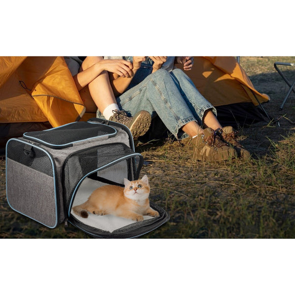 Expandable Soft Cat Carrier Bag – Airline Approved Pet Travel Bag with Mesh Windows, Shoulder Strap & Foldable Design for Cats and Small Dogs – Portable Pet Carrier for Airplane, Car, Vet & Home Use (Grey)