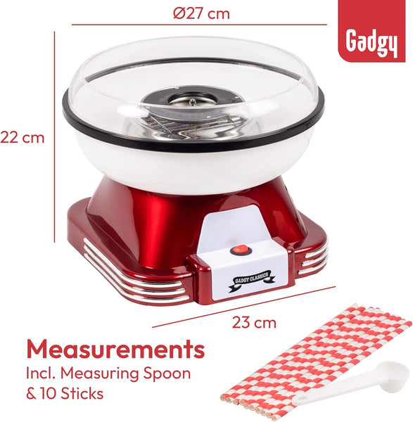 Gadgy Candy Floss Machine for Kids & Adults, Retro Cotton Maker, Suitable for Sugar or Candies, Including 10 Candyfloss Sticks, 500W, Red & White