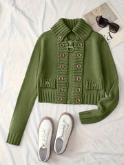 Christmas Women's Elegant Cardigan - Front Zipper & Multi Buttons, Stand-Up Collar Sweater, Structured Fit for Office, Party, Everyday - All-Season Chic Outerwear, Office Wear, Textured Knitwear, Ribbed Texture, Stylish Coverup, Working Professionals