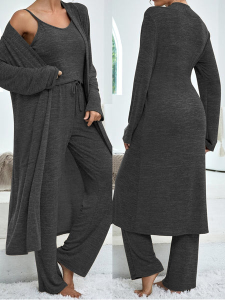 Women's casual home suit solid color mid-length cardigan solid color camisole imitation lace-up trousers three-piece suit for women