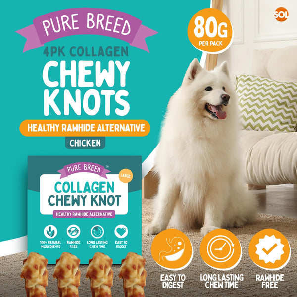 Pure Breed Large Collagen Dog Chewy Knots 4 Pack | Rawhide-Free Chicken Dog Treats | Long-Lasting Collagen Chews for Large Dogs | Healthy, Easy to Digest Holiday Pet Snacks | High-Protein Dog Gift