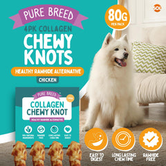 Pure Breed Large Collagen Dog Chewy Knots 4 Pack | Rawhide-Free Chicken Dog Treats | Long-Lasting Collagen Chews for Large Dogs | Healthy, Easy to Digest Holiday Pet Snacks | High-Protein Dog Gift