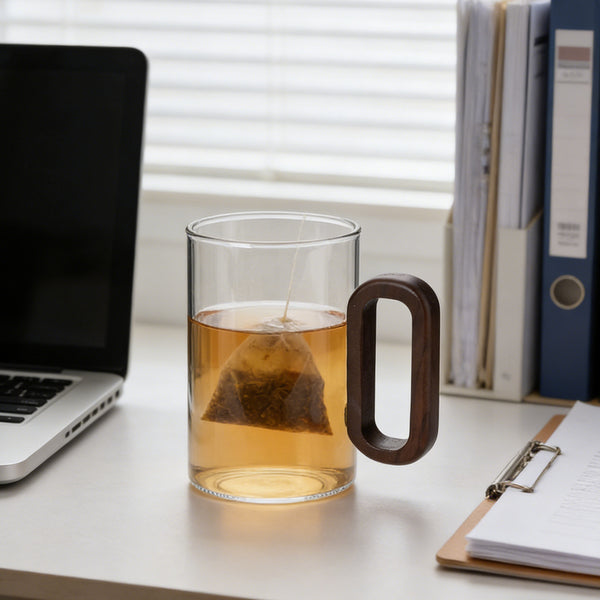 6pcs High Borosilicate Transparent Glass Cups, 360ml Vintage Wood Handle Tea Cups, Heat-Resistant Household & Office Tea Cups, Multi-Purpose Coffee Cups, Beverage Cups, Milk Cups, Suitable for Home, Office, Bar