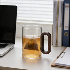 6pcs High Borosilicate Transparent Glass Cups, 360ml Vintage Wood Handle Tea Cups, Heat-Resistant Household & Office Tea Cups, Multi-Purpose Coffee Cups, Beverage Cups, Milk Cups, Suitable for Home, Office, Bar