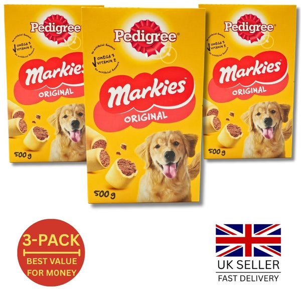 PEDIGREE Markies Original Flavor Dog Treats Mega Value 3 Pack (Total 1.5KG / 1500g) | Crunchy Marrowbone Biscuit Shell with Real Bone Marrow Filling | Healthy Pet Snacks for Adult Dogs & Puppies | Enriched with Omega 3 & Vitamin E | Training Reward Chew |