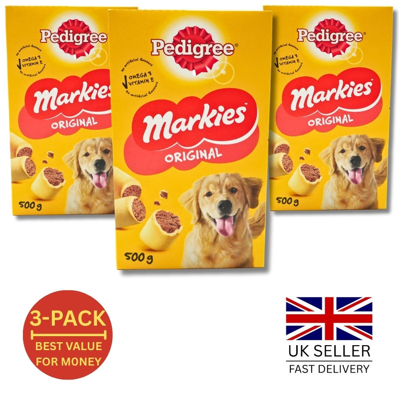 PEDIGREE Markies Original Flavor Dog Treats Mega Value 3 Pack (Total 1.5KG / 1500g) | Crunchy Marrowbone Biscuit Shell with Real Bone Marrow Filling | Healthy Pet Snacks for Adult Dogs & Puppies | Enriched with Omega 3 & Vitamin E | Training Reward Chew |