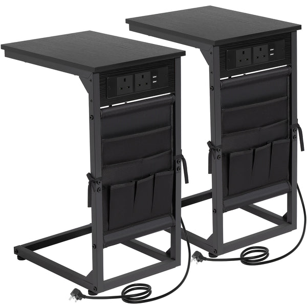 AMHANCIBLE 1pc/2pcs C-Shape Side Table Featuring a Charging Station, Bedside Table with a Storage Pouch, And a Coffee Table with a Metal Frame Suitable for Living Rooms, Bedrooms, And Offices