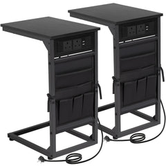 AMHANCIBLE 1pc/2pcs C-Shape Side Table Featuring a Charging Station, Bedside Table with a Storage Pouch, And a Coffee Table with a Metal Frame Suitable for Living Rooms, Bedrooms, And Offices