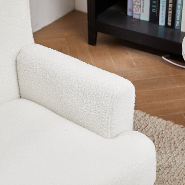 White Teddy Fabric Lounge Chair with Ottoman - 69x58x85.5cm Plush Armchair, Sponge Cushion & Plywood Frame, for Living Room/Bedroom (Black Wooden Legs)