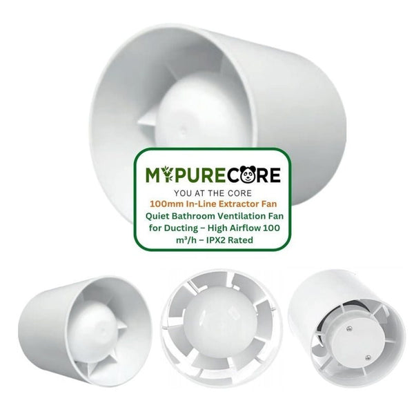 100mm In-Line Extractor Fan – Quiet Bathroom Ventilation Fan for Ducting – High Airflow 100 m³/h – IPX2 Rated ABS Housing – Ideal for Toilet, Kitchen, Home, Office & Commercial Use. Set by MYPURECORE
