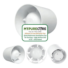 100mm In-Line Extractor Fan – Quiet Bathroom Ventilation Fan for Ducting – High Airflow 100 m³/h – IPX2 Rated ABS Housing – Ideal for Toilet, Kitchen, Home, Office & Commercial Use. Set by MYPURECORE