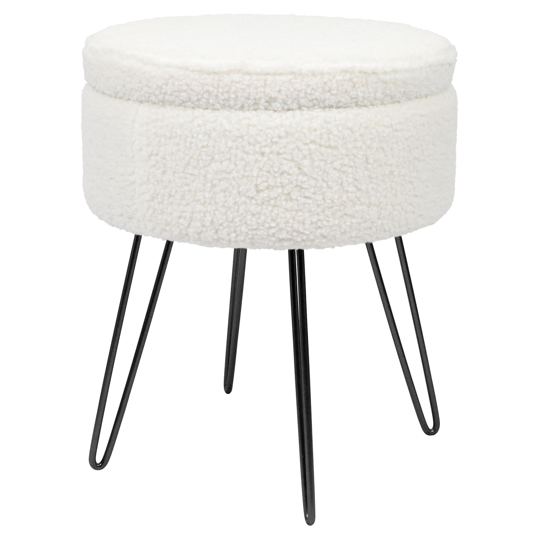 Round Boucle Storage Footstool - Cream H46 x D37cm Living Room Dressing Table Footstool Ottoman Pouffe Chair Seat