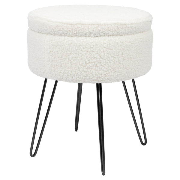 Round Boucle Storage Footstool - Cream H46 x D37cm Living Room Dressing Table Footstool Ottoman Pouffe Chair Seat