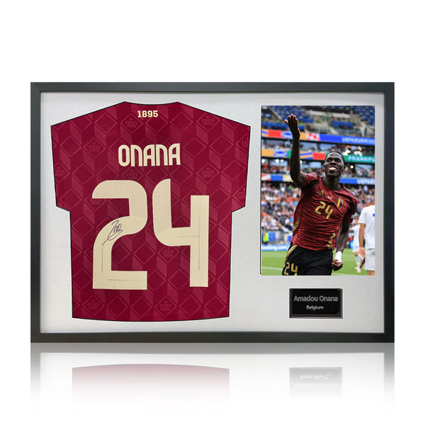 Amadou Onana Signed Framed Belgium Football Shirt Including 1 Photo in 2 Options: White or Black Mount