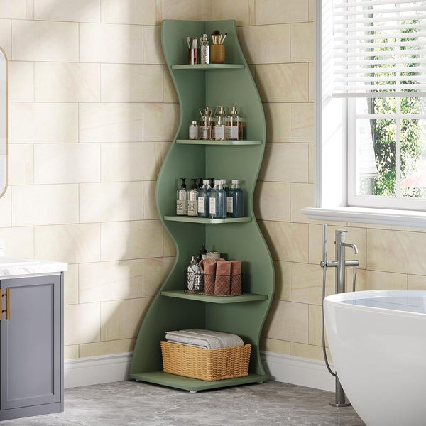 Wavy Office BookShelf, Modern 5-Tier Bookshelf Bookcase with Curvy Shape, Unique Plant Stand Display Rack for Living Room Small Space (Green)