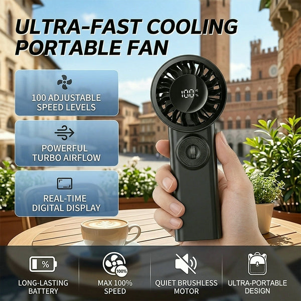 Portable Handheld Turbo Fan, 100 Stepless Wind Speed Adjustment, LED Digital Power Display, 3600mAh Rechargeable Battery, Pocket Size Wearable Lanyard Design, For Outdoor Travel Camping Daily Heat Relief