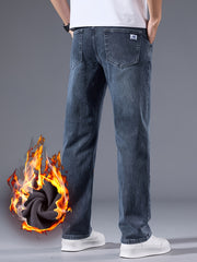 Vintage Men's -Lined Thickened Loose Straight-Leg Jeans - 092+1# Autumn/Winter New Style, Simple and Versatile with Slight Stretch