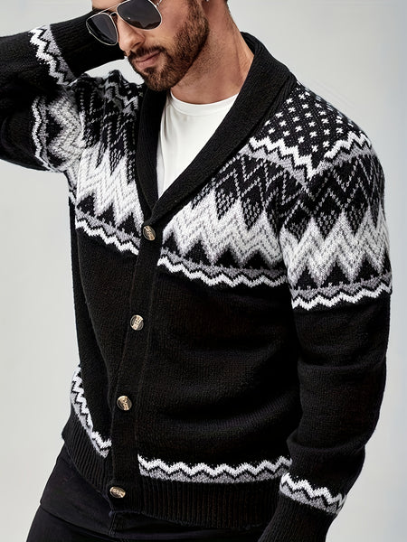 Men's Casual Geometric Pattern Cardigan Sweater - Navy Blue with White and Black Accents, Button-Up Collar, Machine Washable, Polyester for Fall/Winter