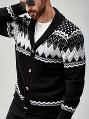 Men's Casual Geometric Pattern Cardigan Sweater - Navy Blue with White and Black Accents, Button-Up Collar, Machine Washable, Polyester for Fall/Winter