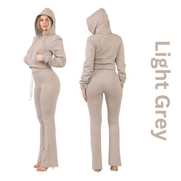 ZIPLORE Women'S Cropped Zip Hoodie and High-Waisted Bell Bottom Trousers Lounge Set for Casual, Athleisure & Streetwear - Suits, Womenswear Long Sleeve Minimalist Suits Womenswear Comfort Adjustable Clothing Drawstring Elegant Everyday Chic Loungewear Mat