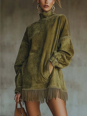 A High-Neck Dress for Women Featuring Fringes, a Loose Fit, Long Sleeves, And Pockets. This Bohemian-Style Skirt Is Perfect for The Relaxed Fashion of Autumn And Winter. It'S Great for Street Style, Holiday Trips