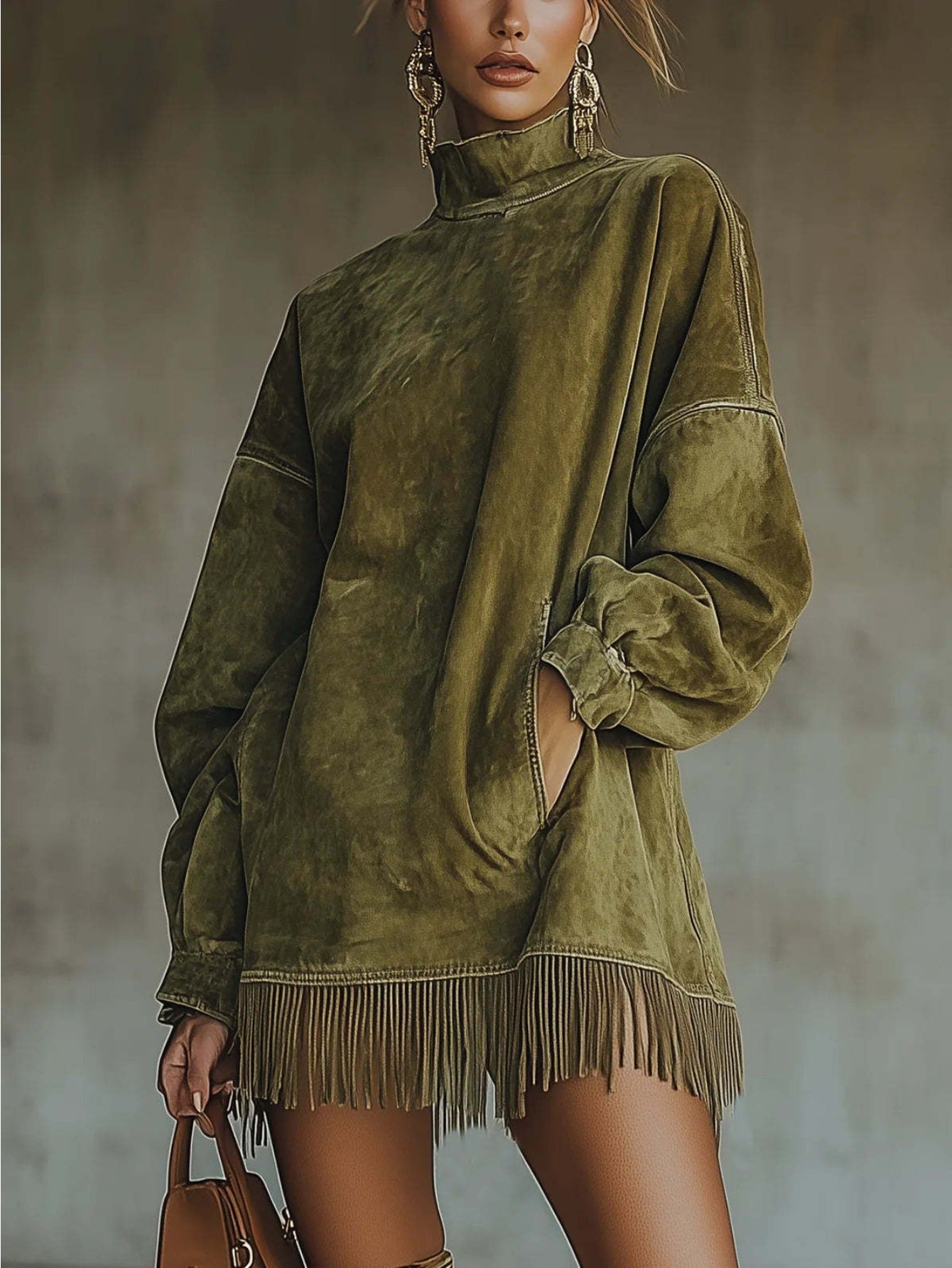 A High-Neck Dress for Women Featuring Fringes, a Loose Fit, Long Sleeves, And Pockets. This Bohemian-Style Skirt Is Perfect for The Relaxed Fashion of Autumn And Winter. It'S Great for Street Style, Holiday Trips