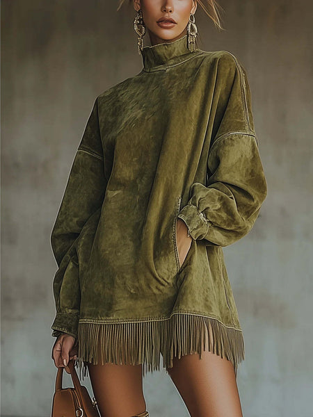 A High-Neck Dress for Women Featuring Fringes, a Loose Fit, Long Sleeves, And Pockets. This Bohemian-Style Skirt Is Perfect for The Relaxed Fashion of Autumn And Winter. It'S Great for Street Style, Holiday Trips