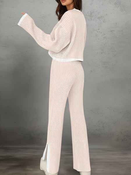 Women'S Short Color-Blocked Long-Sleeve Top with Solid Color Pants, a Casual And Stylish Outfit for Christmas