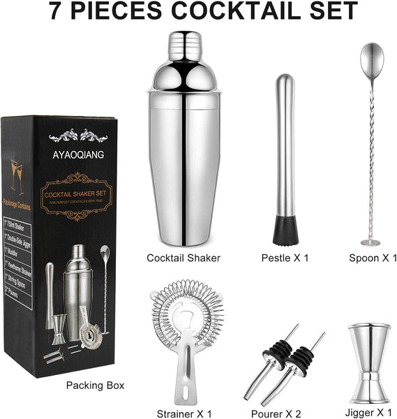 Cocktail Shakers Set,7 Pieces Cocktail Making Kit,Cocktail Shaker Set 750Ml Stainless Steel Bar Tool Set Bartender Kit with Double Jigger,Muddler,Strainer,Pourers,Mixing Spoon