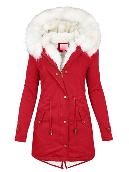 Women's European/American Style Winter Parka Jacket with Collar & Waist-Cinching  - Beige Coat, -Tone Zippers, Pockets - Machine Washable Cold Weather Outerwear (Casual to Formal)