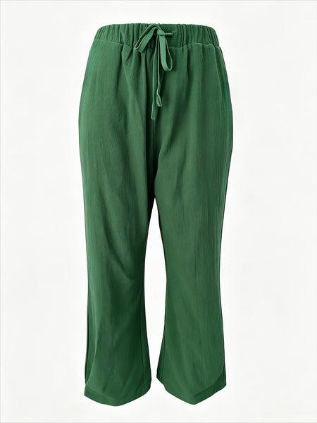 Women's Drawstring Waist Linen-Look Pants, Loose Casual Cropped Trousers with Pockets, Lightweight Summer Pants