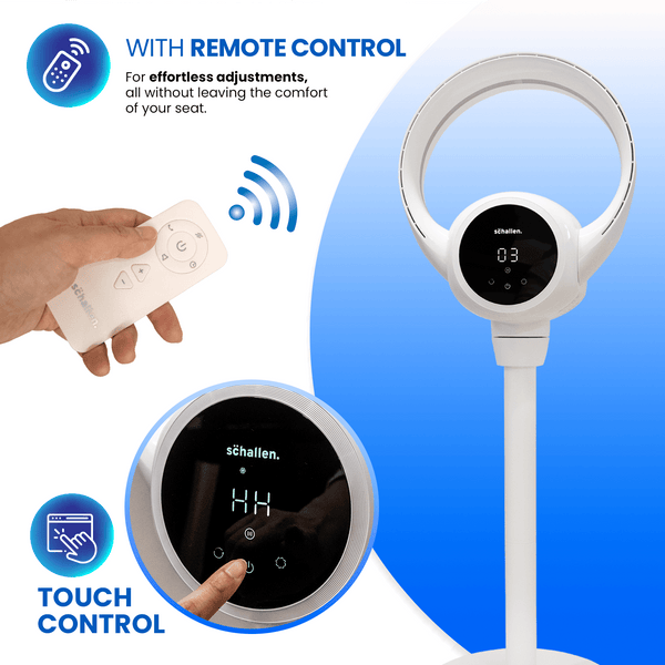 Schallen White 2 In 1 Bladeless Fan Floor and Desk Table Fan with Digital Display and Remote Control, Quiet Adjustable Cooling Fan for Home Office Bedroom, Modern White and Black Tower Fan with Safe Bladeless Airflow, Portable Standing or Desktop Fan with