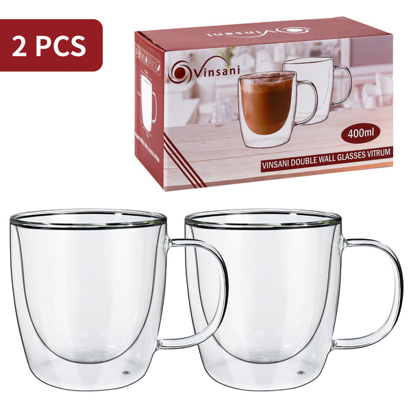 Vinsani Double Walled Coffee Drink Glasses Tea Cup Mug Heat Cold Resistant Aesthetic Clear Borosilicate Glass with Handle Cappuccino Latte Tea Dessert Hot and Cold Drinks