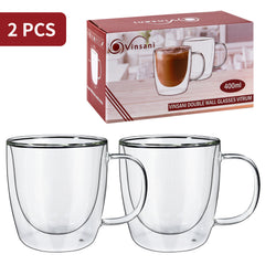 Vinsani Double Walled Coffee Drink Glasses Tea Cup Mug Heat Cold Resistant Aesthetic Clear Borosilicate Glass with Handle Cappuccino Latte Tea Dessert Hot and Cold Drinks