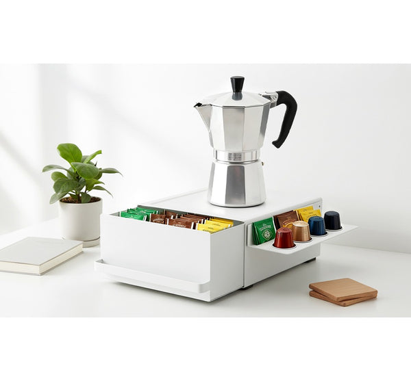 Modern Coffee Capsule Drawer Rack with Sliding Side Tray, Multi-Purpose Countertop Storage Box for Kitchens, Coffee Bars, Offices & Worktops
