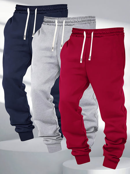 Three-pc Men's Solid Color Plain Elastic Waistband Drawstring Ribbed Cuffed Casual Jogger Pants, Men's Dress Administrative Trousers