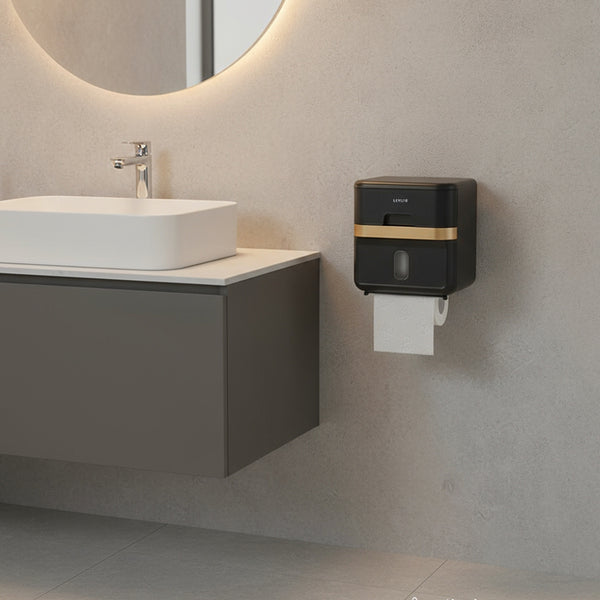 Hole-Free Wall-Mounted Tissue Box for Bathrooms, Waterproof Bathroom Storage Rack, Kitchen Paper Holder, Toilet Roll Holder, Dual-Purpose Tissue/Roll Dispenser, Multi-Functional Tissue Storage Rack, Compact Design, Black, Suitable for Bathrooms, Kitchens,