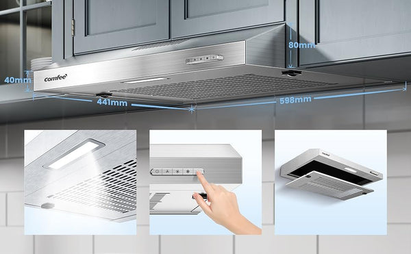 Midea COMFEE' 60 cm Visor Cooker Hood – Versatile LED Under Cabinet Hood, Wall-Mounted Extractor Fan Perfect for 600 mm Home Kitchens, Top Vented Stainless Steel Range Hood [Energy Class B]