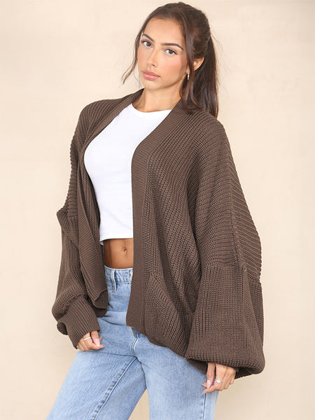 KatchMe Women's Commuter Versatile Balloon Sleeve Knit Short Cardigan ，Casual Knitwear for Lady, Plain Open-Front Side Pocket Womenswear