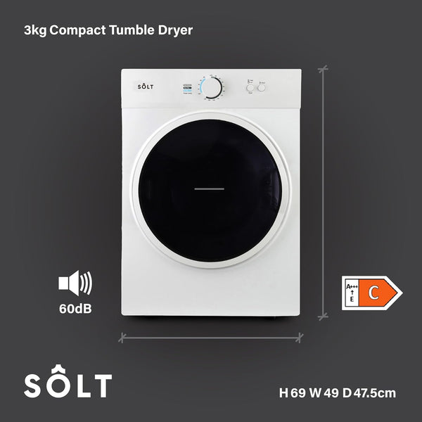 Solt SOLVTD3W Vented Tumble Dryer, 3Kg Capacity, White, 65 X 49 X 54 Cm