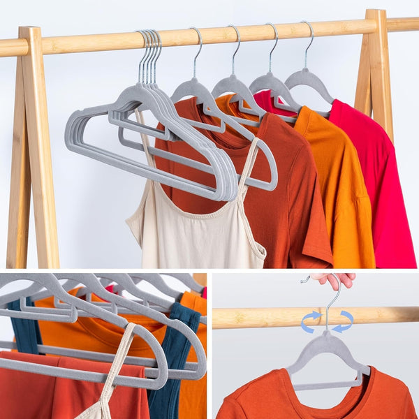 40pcs Red Velvet Hangers for clothes - Premium Non-Slip Space Saving Clothes Hangers With Tie Bar, Notched Shoulder, 360° Swivel Hook, Sturdy For Heavier Garments 45 x 24 Cm