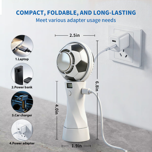 Portable Football Design Handheld Fan, USB Rechargeable Mini Fan, High-Velocity Portable USB Cooling Fan with Digital Display, Mini Soccer Desk Fan for Sports & Travel