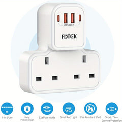 Plug Extension Socket with 4 USB (Included 2 USB-C), FDTEK 13A 3250W Double Plug Adaptor with Surge Protected, Compact UK Plug Extender Multi Plug Socket for Home, Office, School Supplies