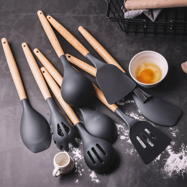 Kitchen Utensil Set, 11pcs Silicone Cooking Utensils Set With Wooden Handle, Nonstick Cookware Tongs Spatula Spoon Set, Best Kitchen Tools, Valentine'S Day Gifts Black, Holiday Gift Guide