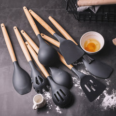 Kitchen Utensil Set, 11pcs Silicone Cooking Utensils Set With Wooden Handle, Nonstick Cookware Tongs Spatula Spoon Set, Best Kitchen Tools, Valentine'S Day Gifts Black, Holiday Gift Guide