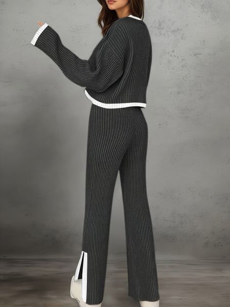 Women'S Short Color-Blocked Long-Sleeve Top with Solid Color Pants, a Casual And Stylish Outfit for Christmas