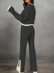 Women'S Short Color-Blocked Long-Sleeve Top with Solid Color Pants, a Casual And Stylish Outfit for Christmas