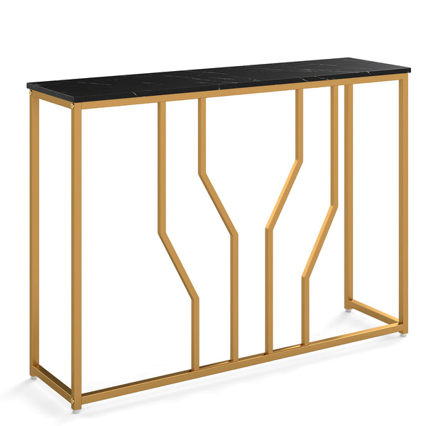 GYMAX Gold Console Table, 110 cm Modern White Entryway Table with Faux Marble Tabletop, Geometric Metal Frame, Narrow Behind Sofa Table Foyer Table for Living Room, Hallway, Entrance, Black