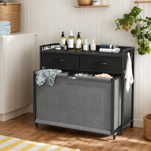 Modern Gray Rolling Laundry Hamper with 3 Removable Bags & 2 Drawers - Durable Wooden Laundry Sorter Cart for Bathroom, Bedroom, Laundry Room - Space-Saving Storage Organizer with Wheels, Laundry Basket, Laundry Baskets