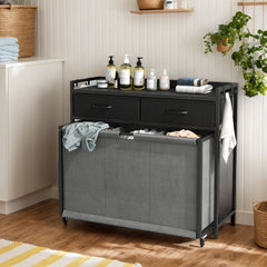 Modern Gray Rolling Laundry Hamper with 3 Removable Bags & 2 Drawers - Durable Wooden Laundry Sorter Cart for Bathroom, Bedroom, Laundry Room - Space-Saving Storage Organizer with Wheels, Laundry Basket, Laundry Baskets
